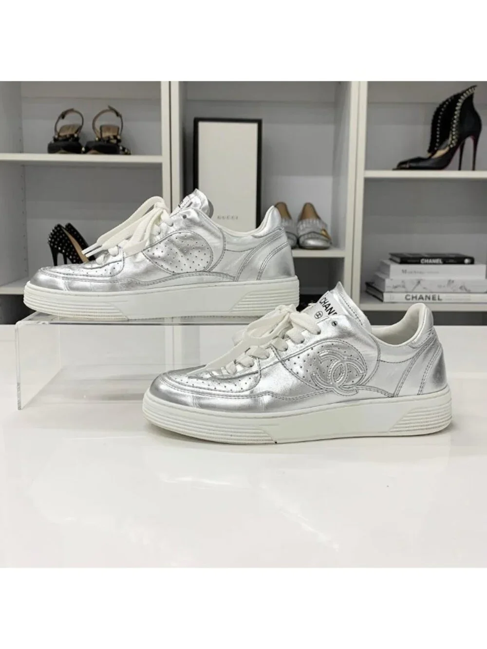 Chanel CC Logo Perforated Leather Sneakers Silver